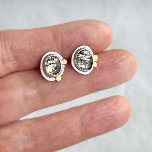 Dainty 18k and silver black tourmalinated quartz post earrings