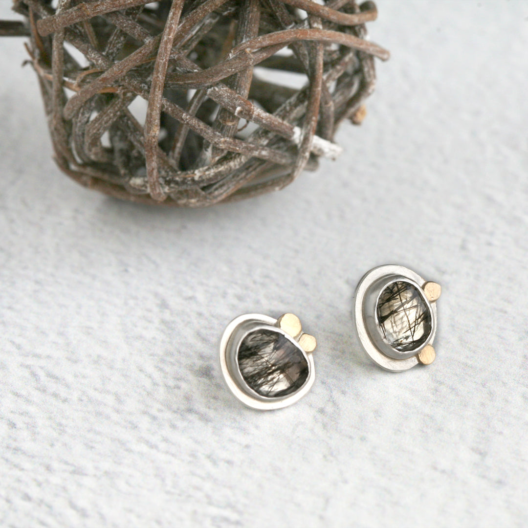 18k and silver black tourmalinated quartz post earrings