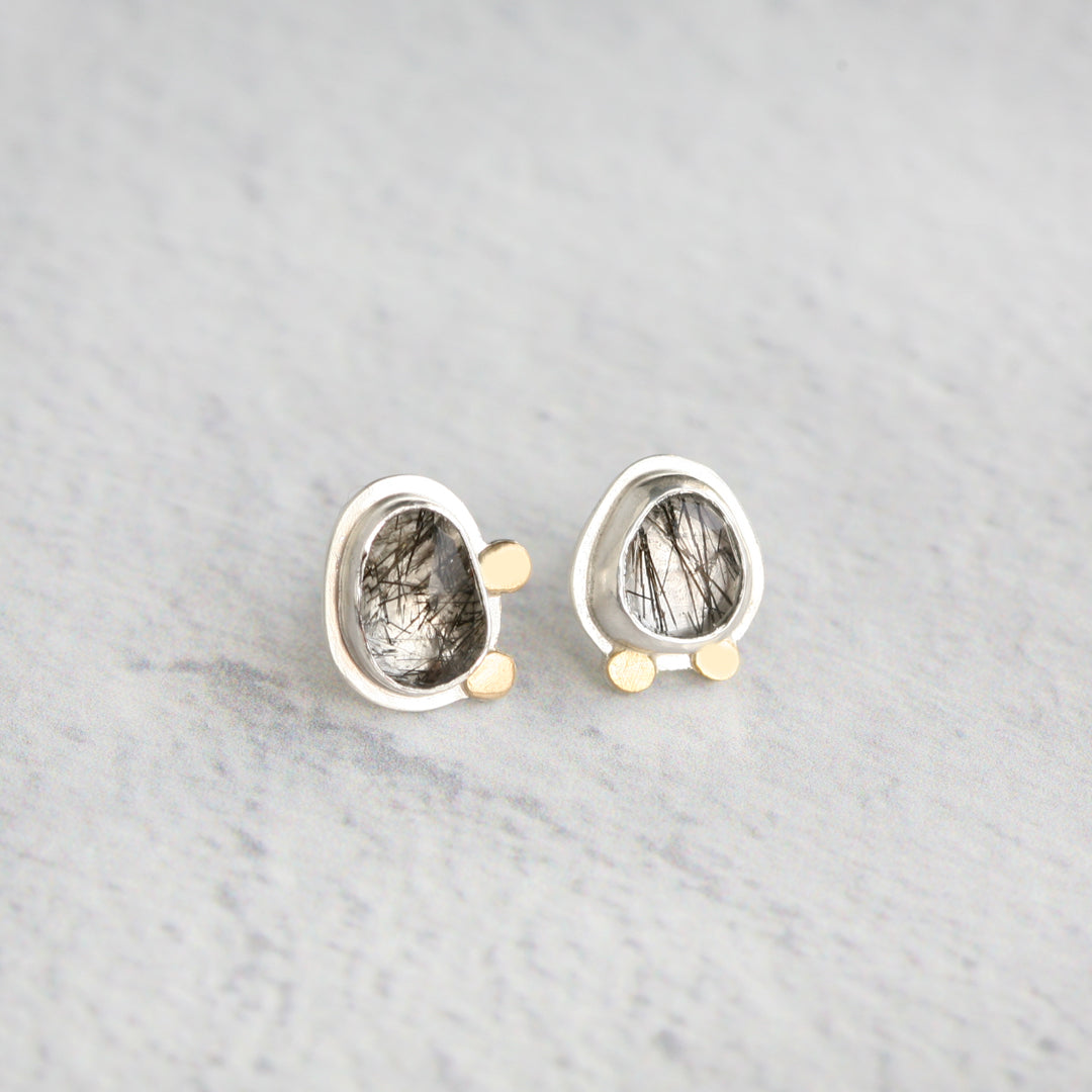 18k and silver black tourmalinated quartz post earrings