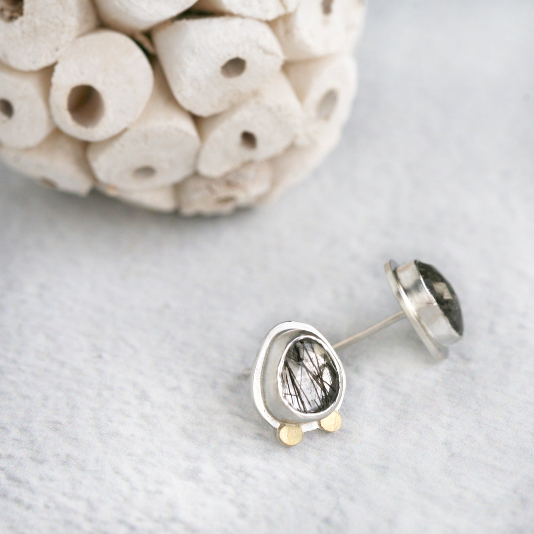 Unique 18k and silver black tourmalinated quartz post earrings