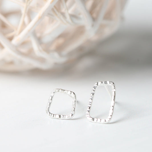 Silver asymmetric square rectangle post earrings