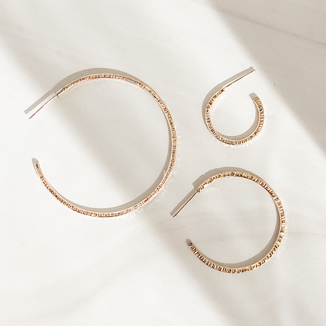 14k Yellow Gold Filled Textured Hoop Post Earrings - Large RIPPLE Hoops