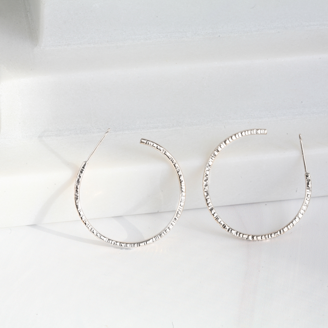 Large Sterling Silver Textured Hoop Post Earrings