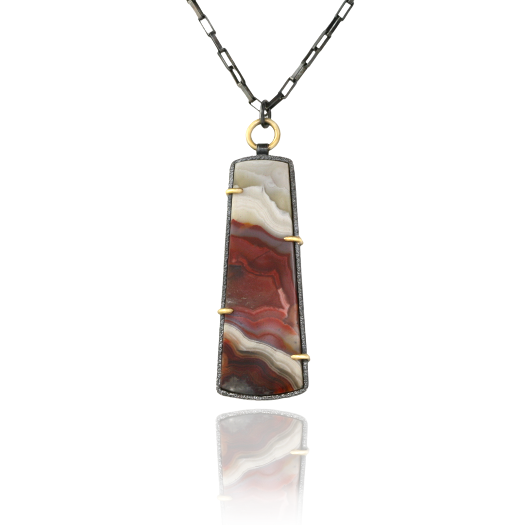 Mexican Crazy Lace Agate Pendent Necklace in 18k Gold and Oxidized Silver - ROSA Necklace