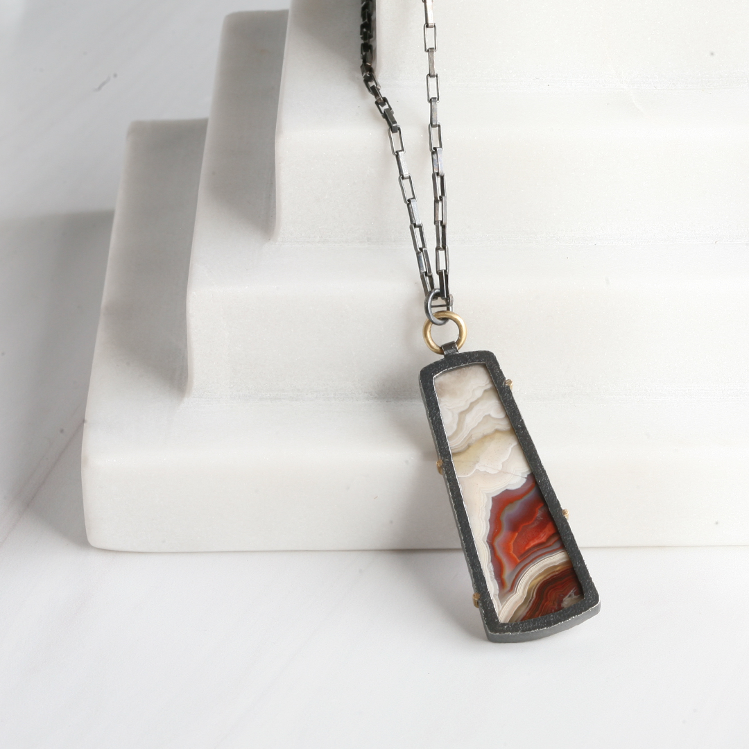 Mexican Crazy Lace Agate Pendent Necklace in 18k Gold and Oxidized Silver - ROSA Necklace