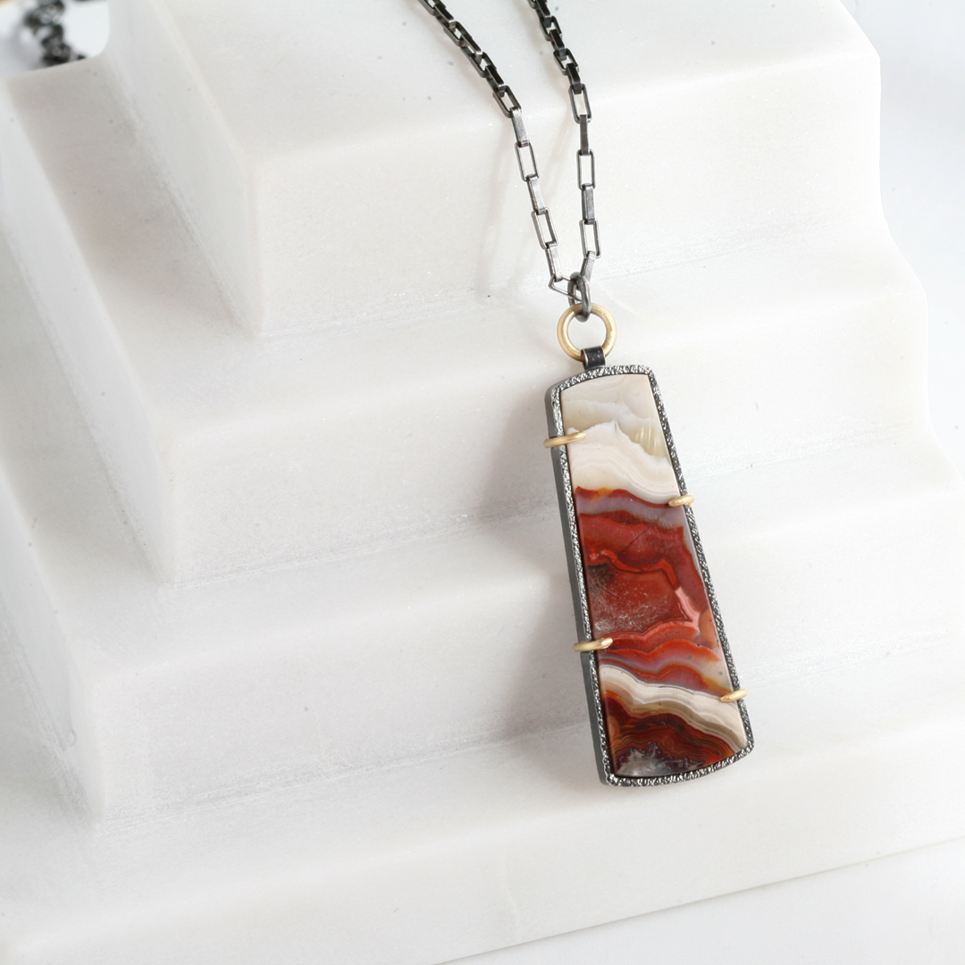 Mexican Crazy Lace Agate Pendent Necklace in 18k Gold and Oxidized Silver - ROSA Necklace