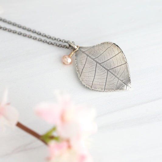 Handmade Silver Leaf Pendant Necklace with Pearl Dangle