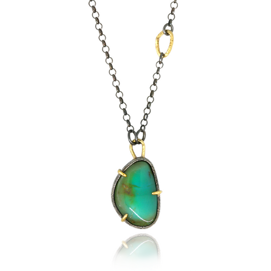 Handmade Green Turquoise Pendant Necklace in 18k gold and Oxidized Silver