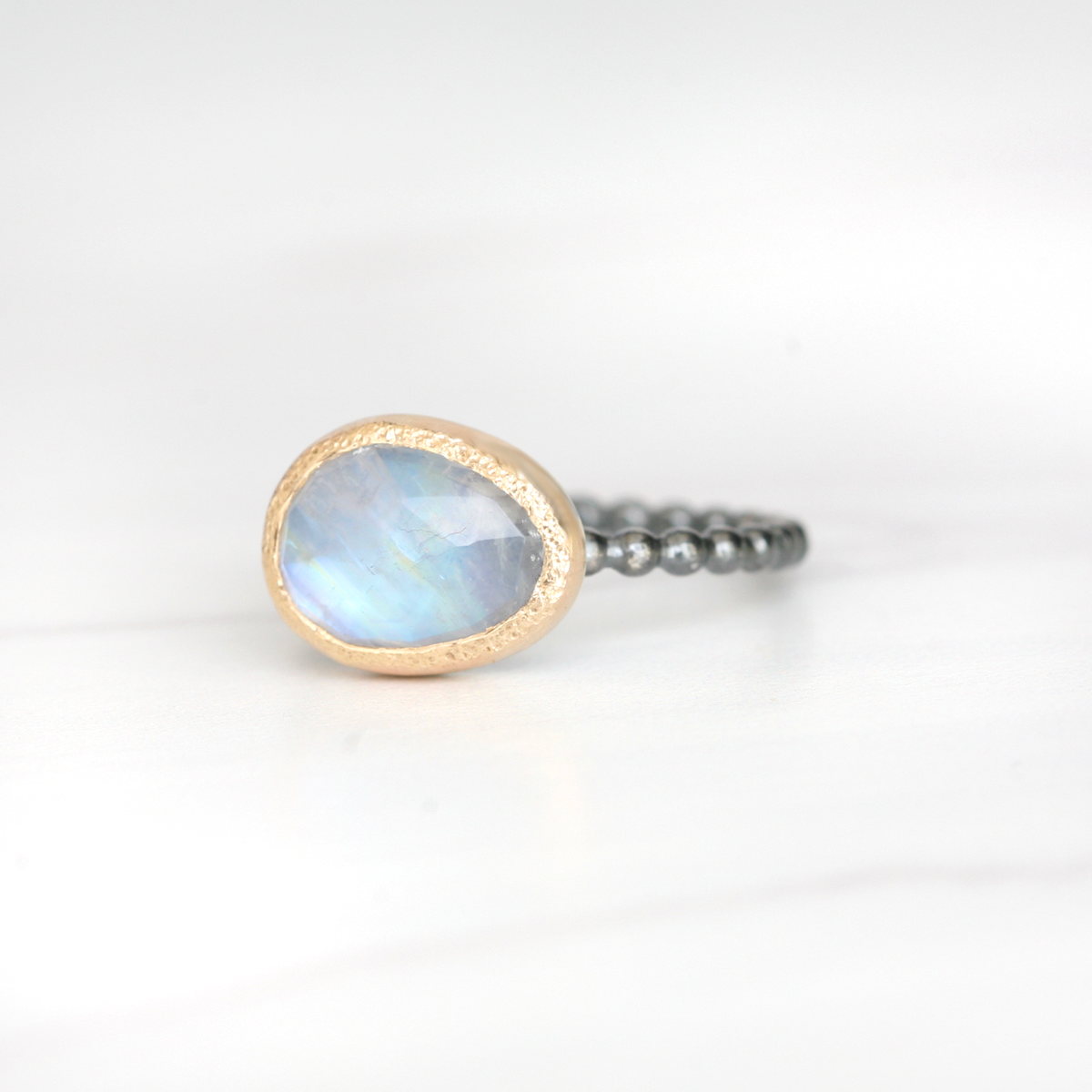 Freeform Rainbow Moonstone ring in 14k gold and silver