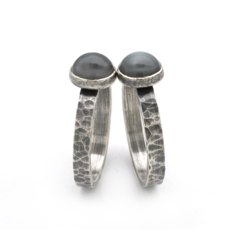 Black Moonstone and Hammered Silver Stackable Rings