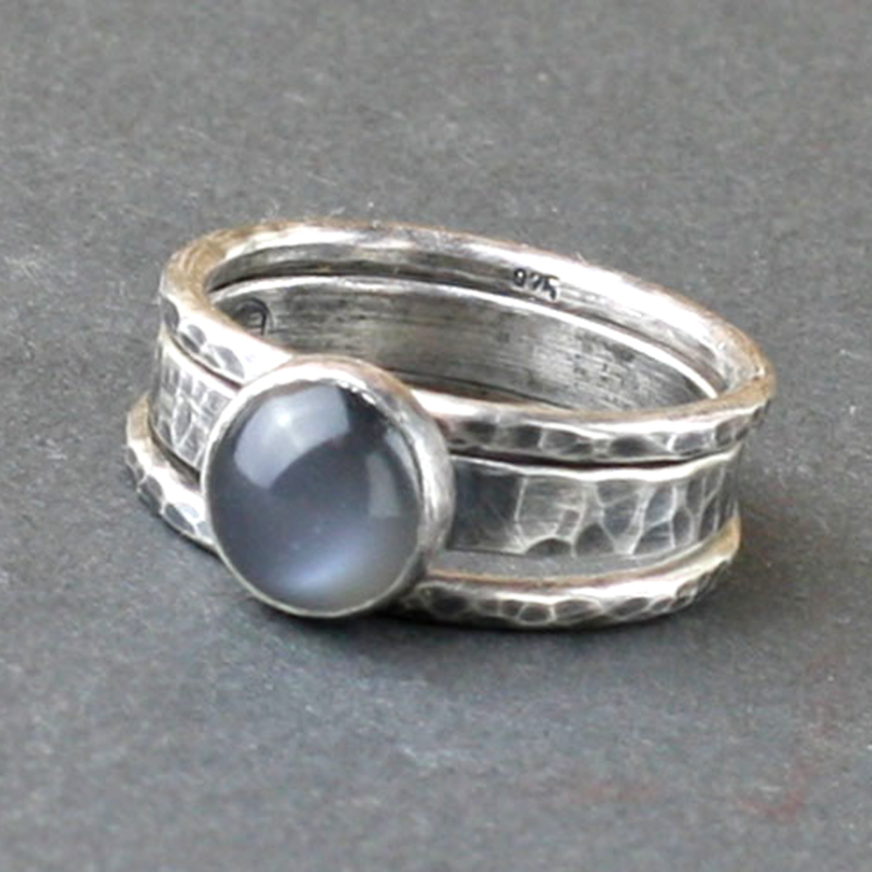 Black Moonstone and Hammered Silver Ring Set