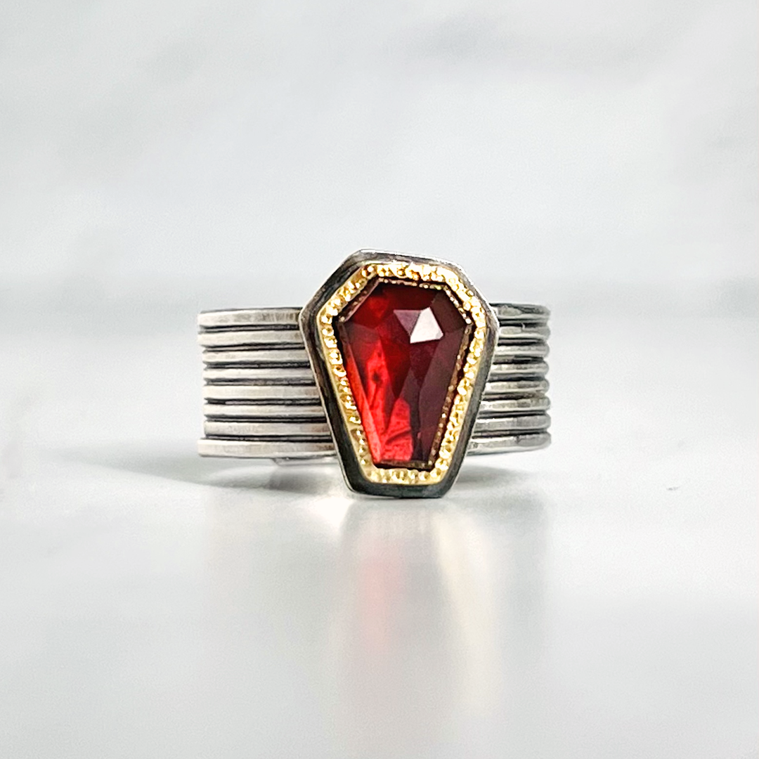 18k Gold and Silver Garnet Statement Ring