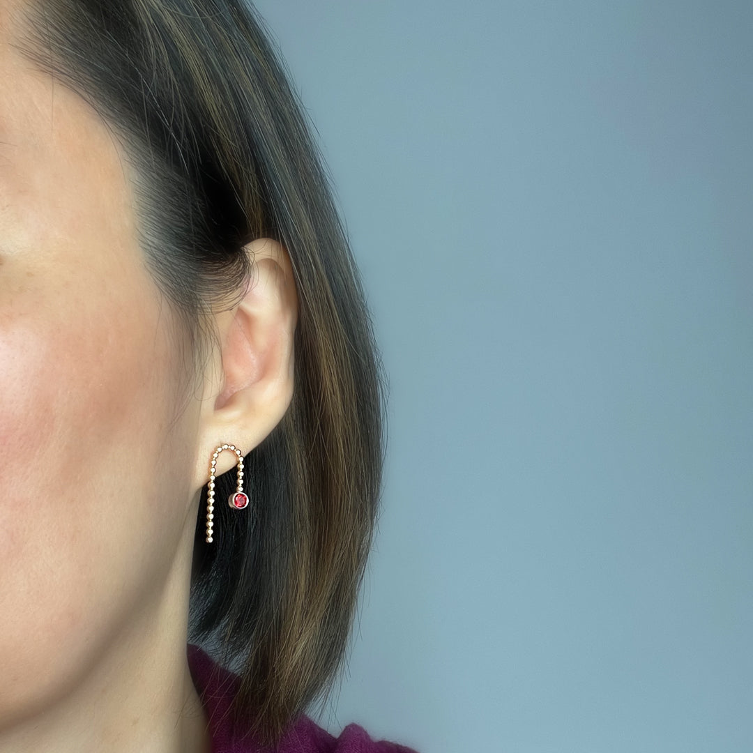 Modern Asymmetric earrings in 14k gold filled and garnet