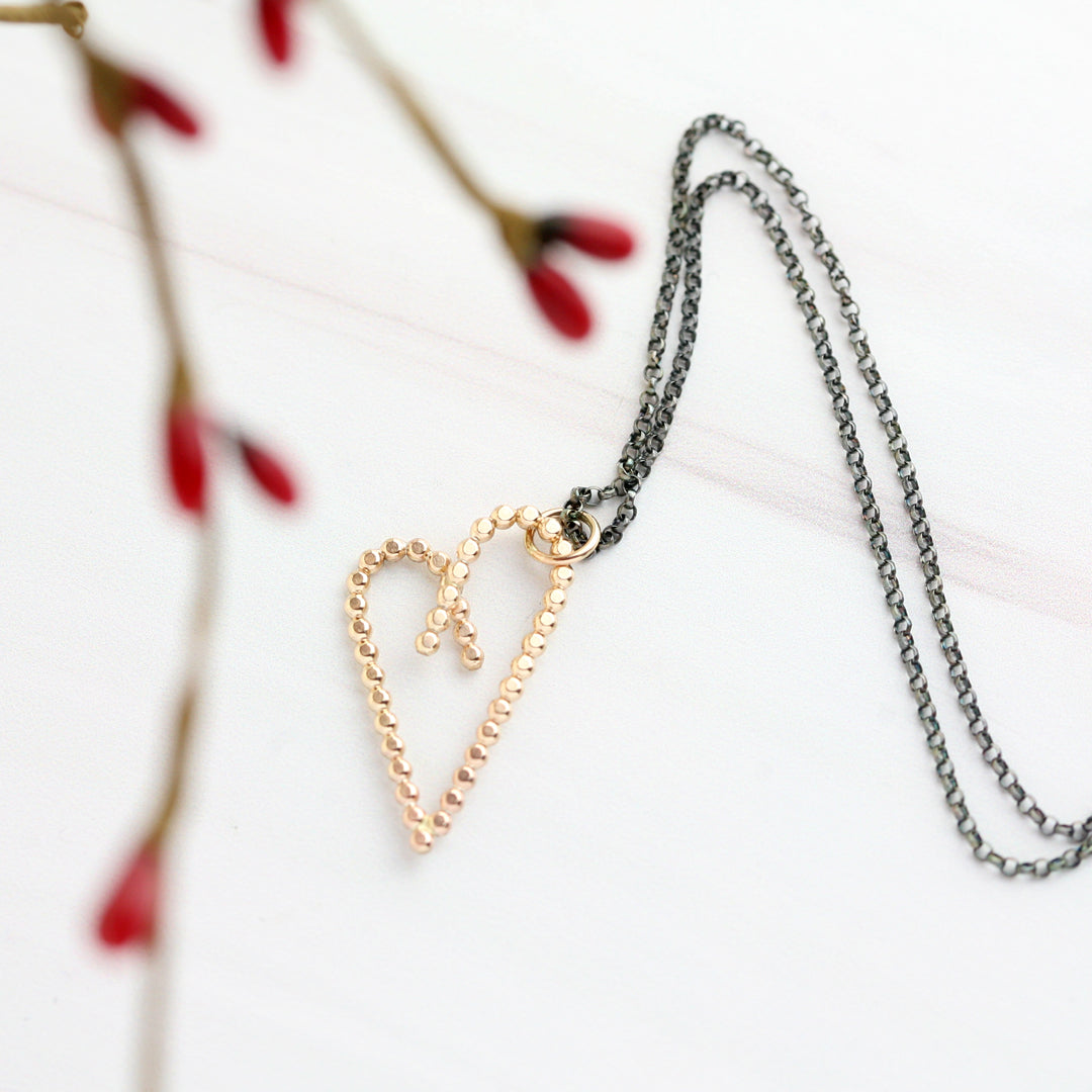 14k gold-filled asymmetric heart pendant with oxidized necklace