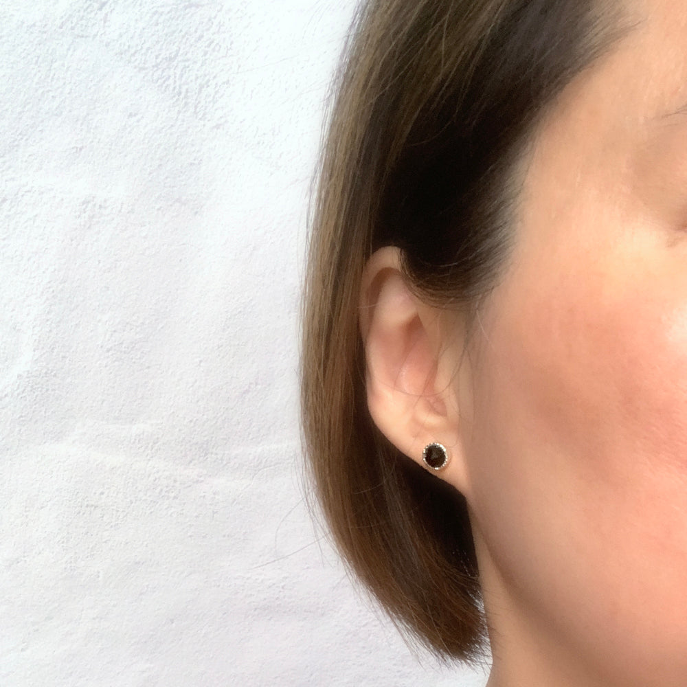 Textured Silver Black Spinel Post Earrings