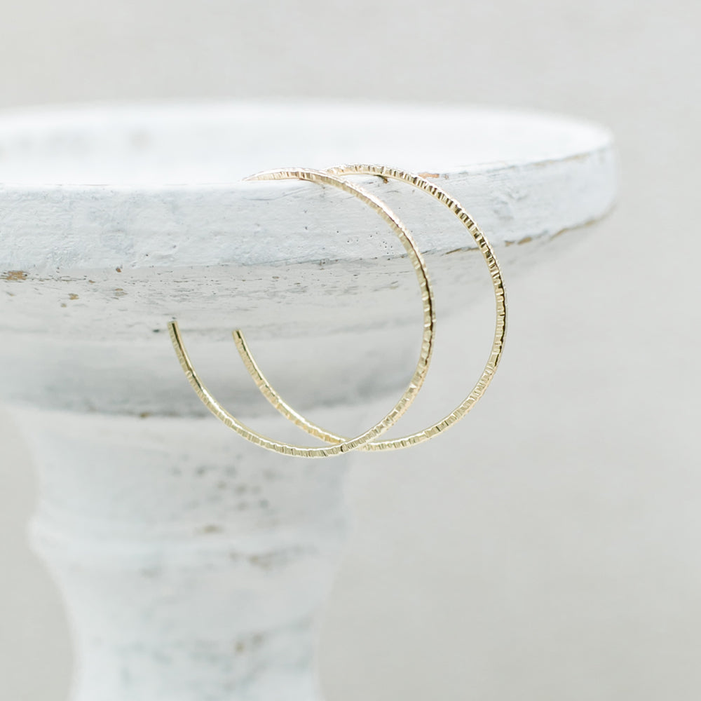 14k Yellow Gold Filled Textured Hoop Post Earrings - Large RIPPLE Hoops