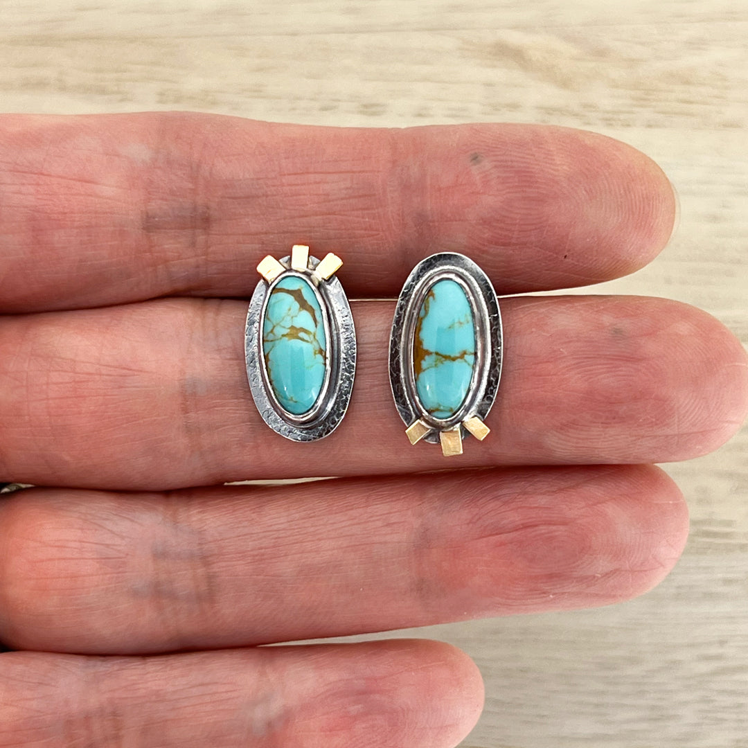 Oval Tyrone Turquoise Asymmetric Post Earrings with 18k Gold Accent - ANGELA 3