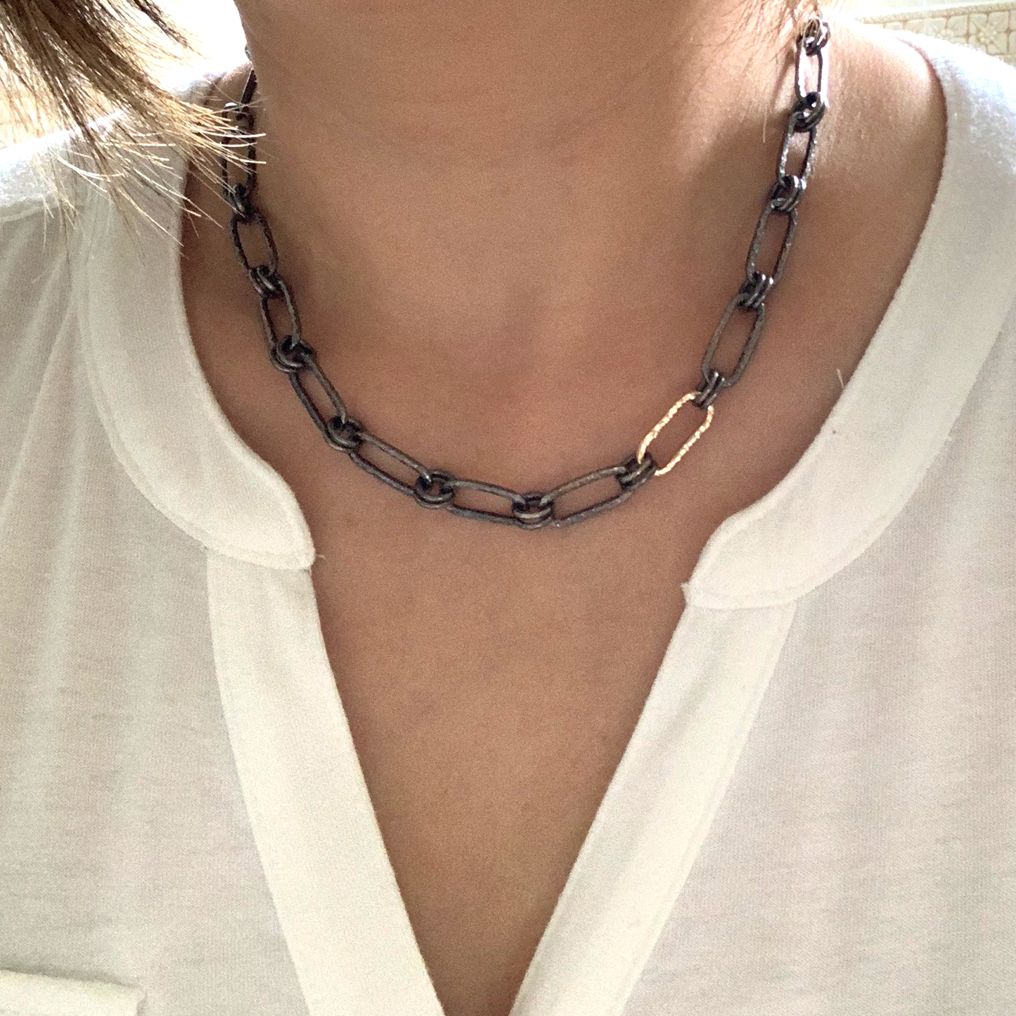 Handmade Mixed-Metal Hammered Elongated Heavy Chain - CHLOE