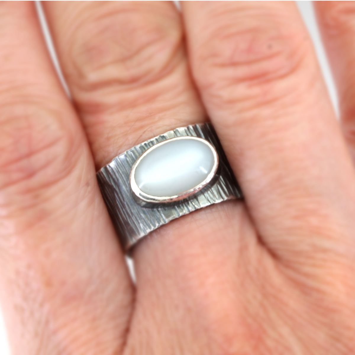 White Moonstone Textured Silver Wide Band Ring