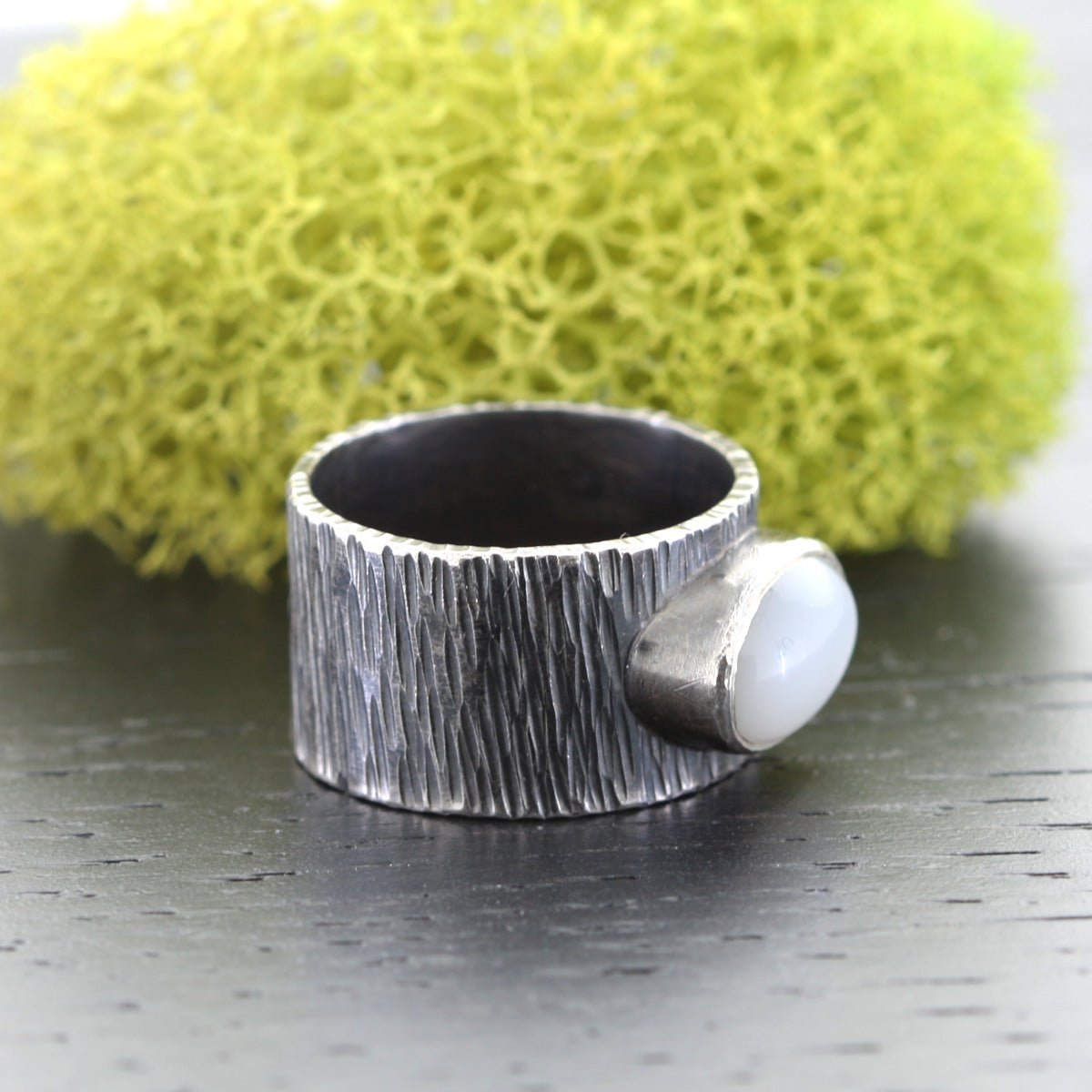 White Moonstone Textured Silver Wide Band Ring