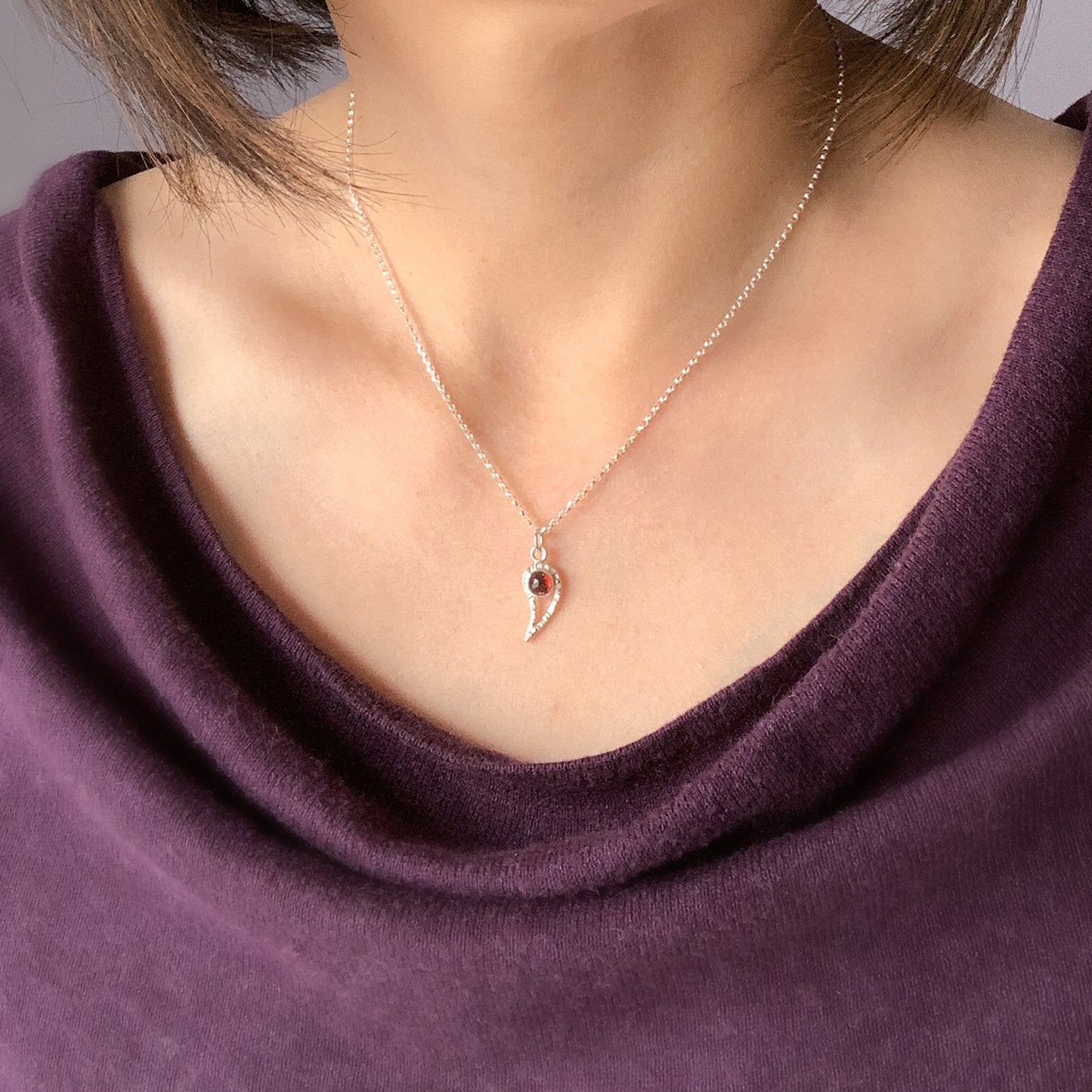 Dainty Silver Paisley and Garnet Necklace