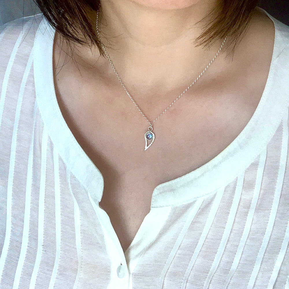 Silver Paisley and Rainbow Moonstone Pendant Necklace