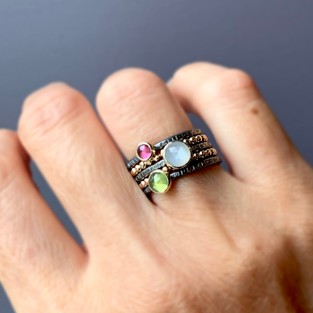 Pink Tourmaline Moonstone and Peridot stacking ring set