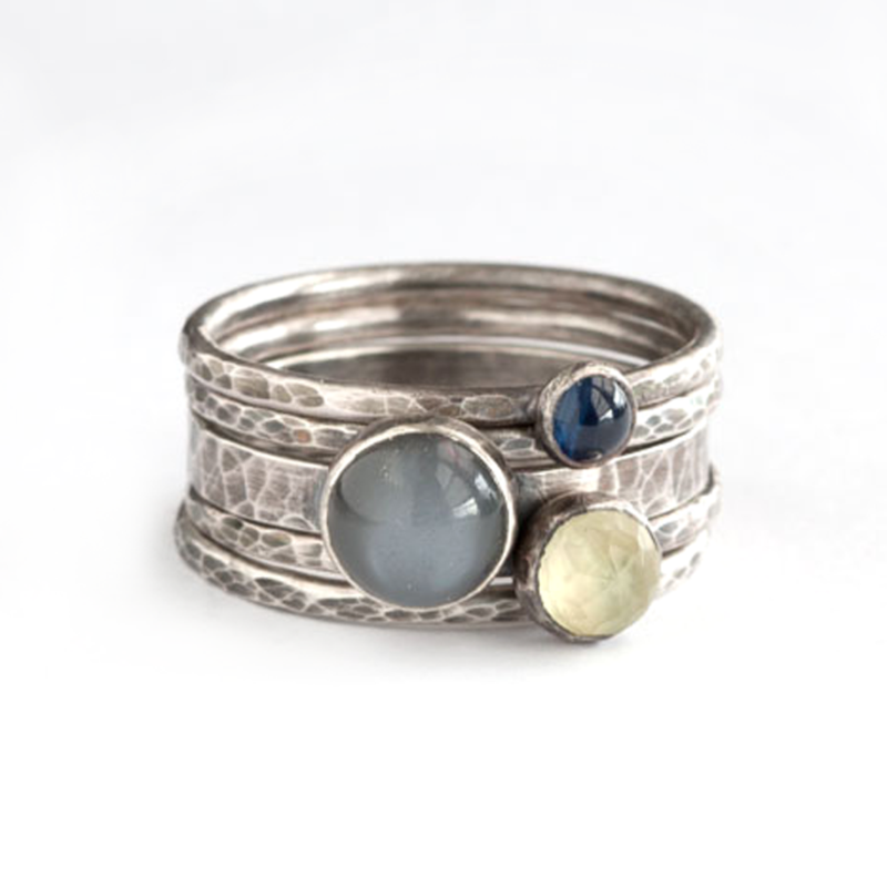 Hammered Black Moonstone Sapphire and Prehnite Ring Set