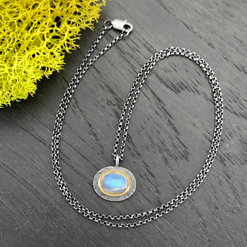 Rainbow moonstone pendant necklace in 14k gold and sterling.