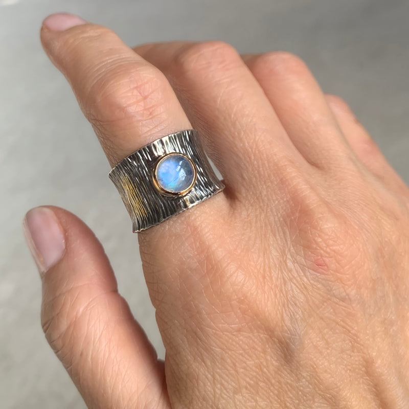 rainbow moonstone 14k gold and silver ring