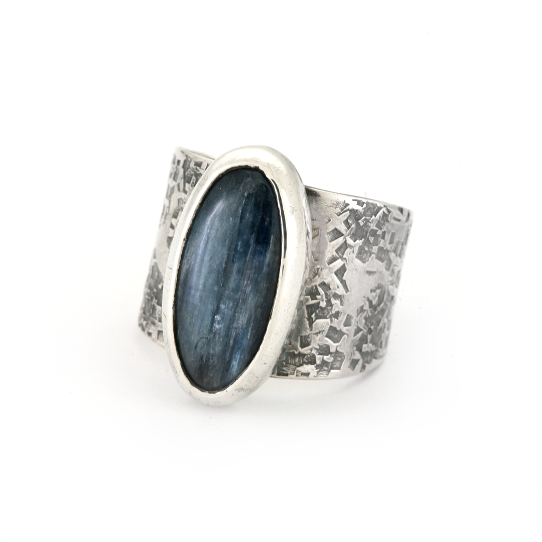 Artisan crafted kyanite ring wide band
