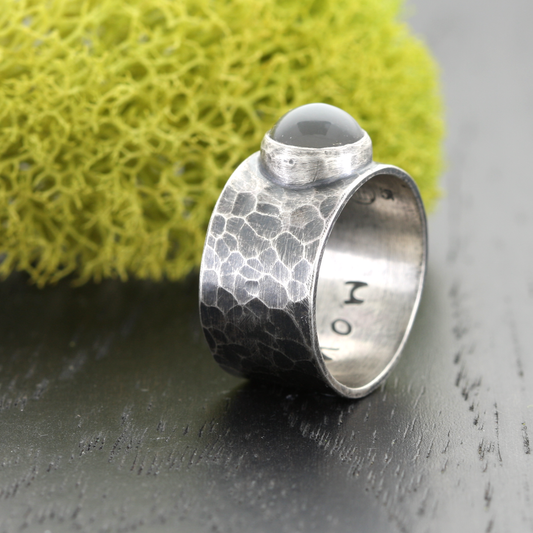 Black Moonstone and Oxidized Sterling Silver Ring Wide Band