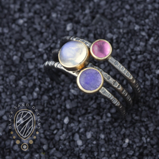 stacking gemstone and bi-metal ring set