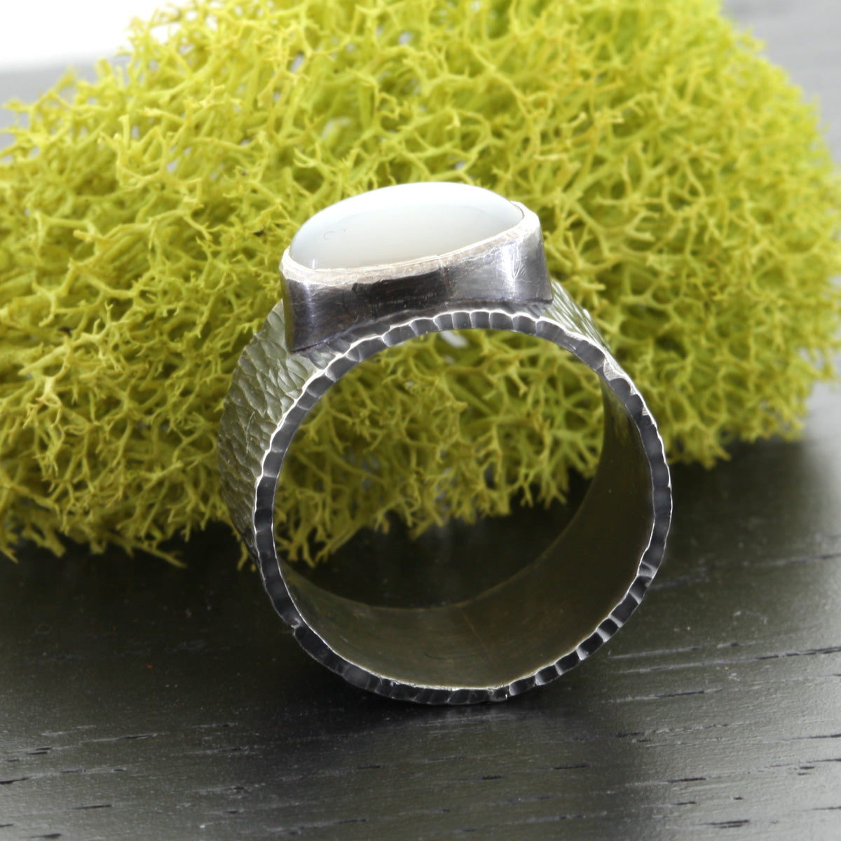 White Moonstone Textured Silver Wide Band Ring
