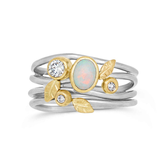 Custom Wedding Set with 18k white/yellow gold diamond and Opal